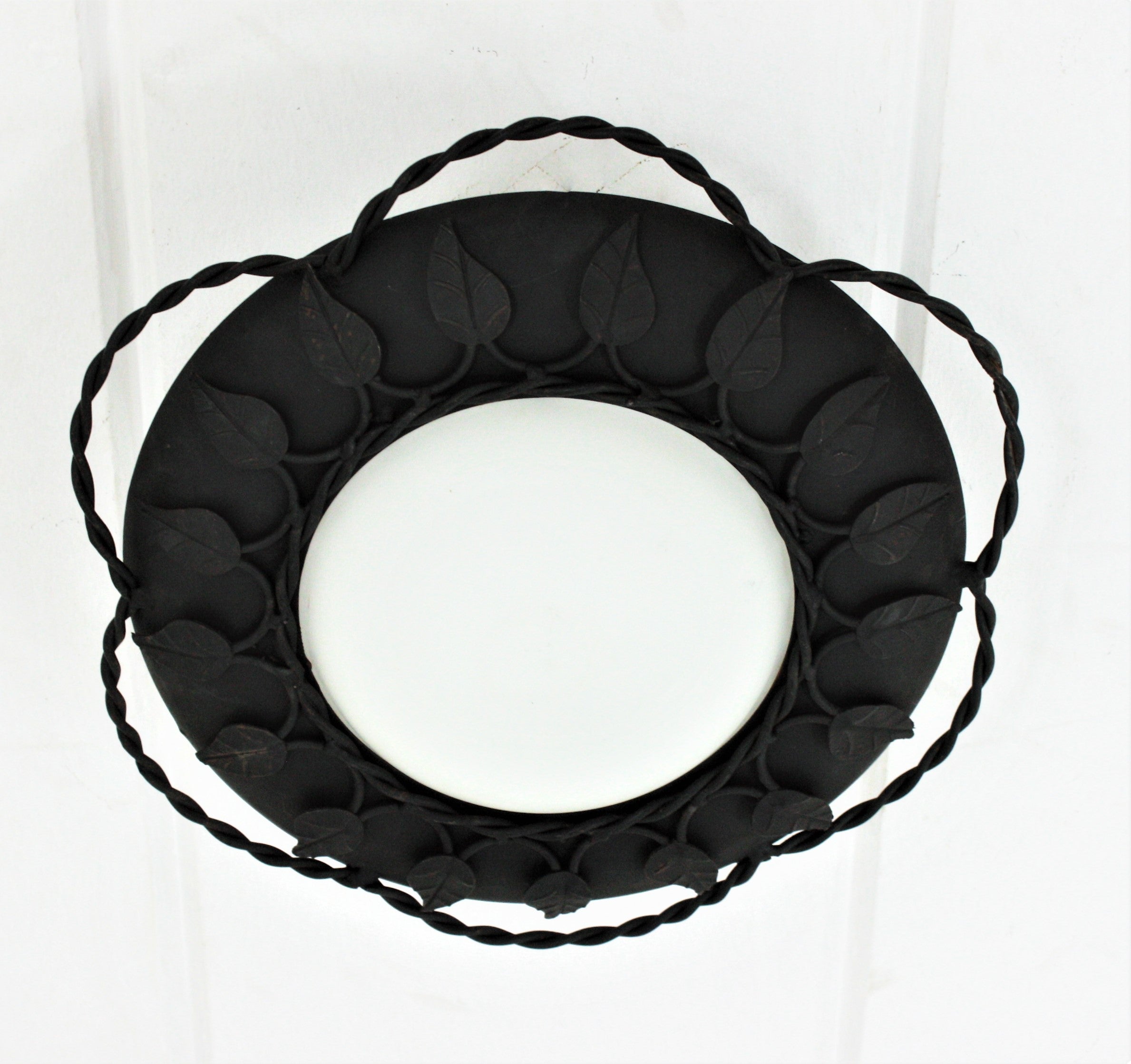 French Sunburst Flower Light Fixture , Black Iron, Milk Glass