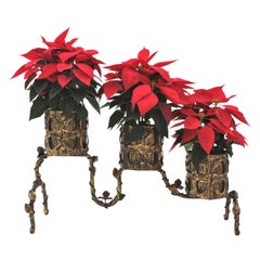 Spanish Gilt Iron Planter / Three Plant Stand with Foliage Floral Motifs, 1950s