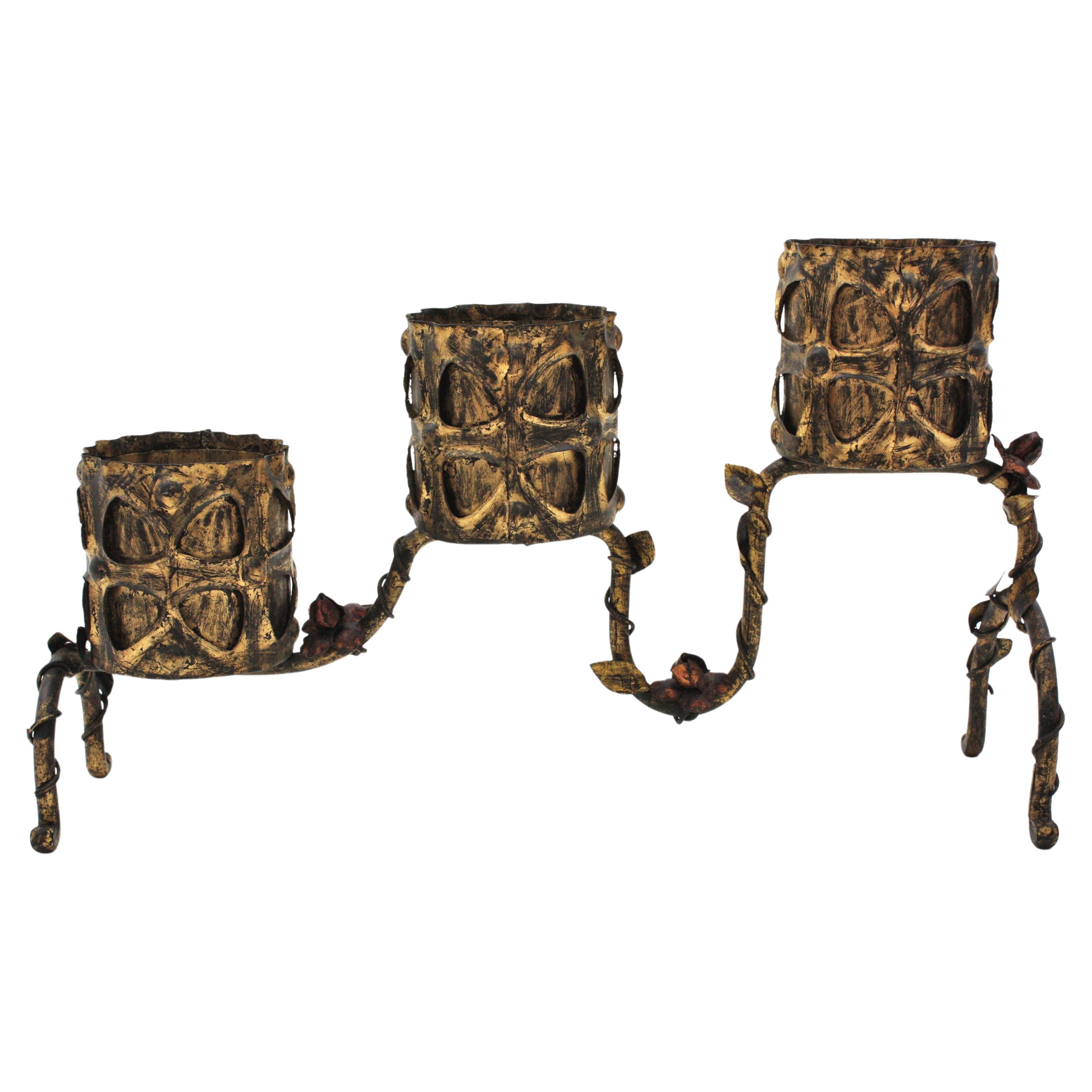 Spanish Gilt Iron Planter / Three Plant Stand with Foliage Floral Motifs, 1950s For Sale