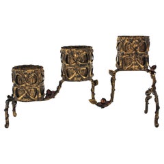 Vintage Spanish Gilt Iron Planter / Three Plant Stand with Foliage Floral Motifs, 1950s