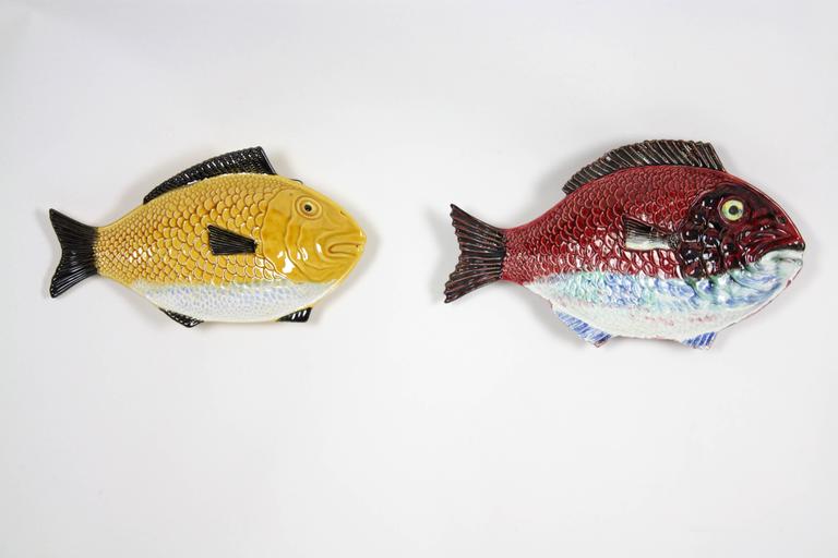 Mid Century Portuguese Glazed Ceramic Fish Platters Circa 1960 At A Pair Of Portuguese Glazed Ceramic Fish Platters With Vibrant Red And Yellow Colors Beautiful