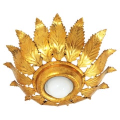 Sunburst Crown Leafed Light Fixture in Gilt Iron, Spain 1950s