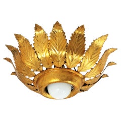 Sunburst Crown Leafed Light Fixture in Gilt Iron, Spain 1950s