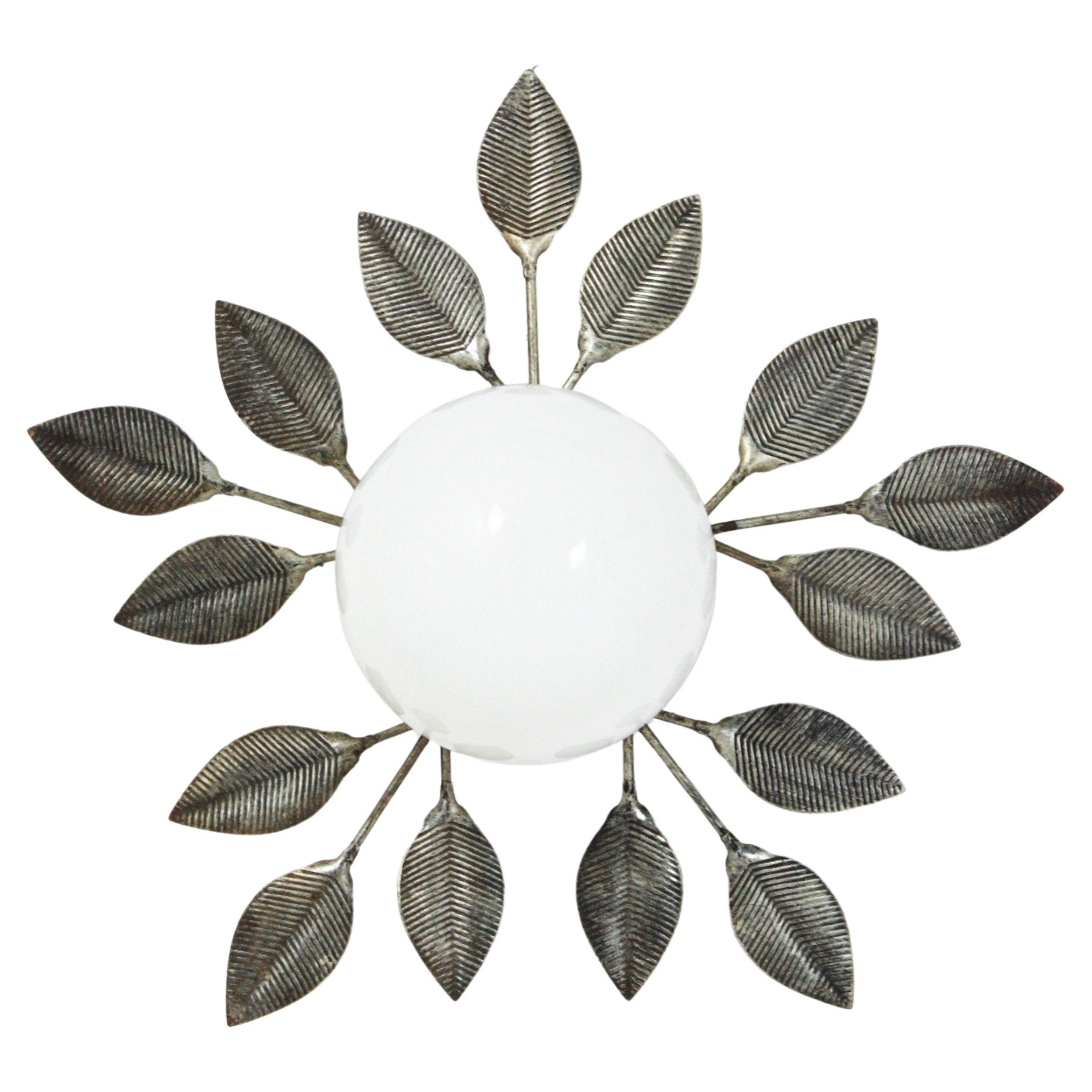 Spanish Foliage Silvered iron Light Fixture with Milk Glass Globe, 1960s For Sale