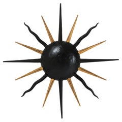French Sunburst Light Fixture in Black and Gilt Iron, Gilbert Poillerat Style