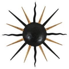 French Poillerat Style Sunburst Light Fixture in Black and Gilt Iron, 1940s