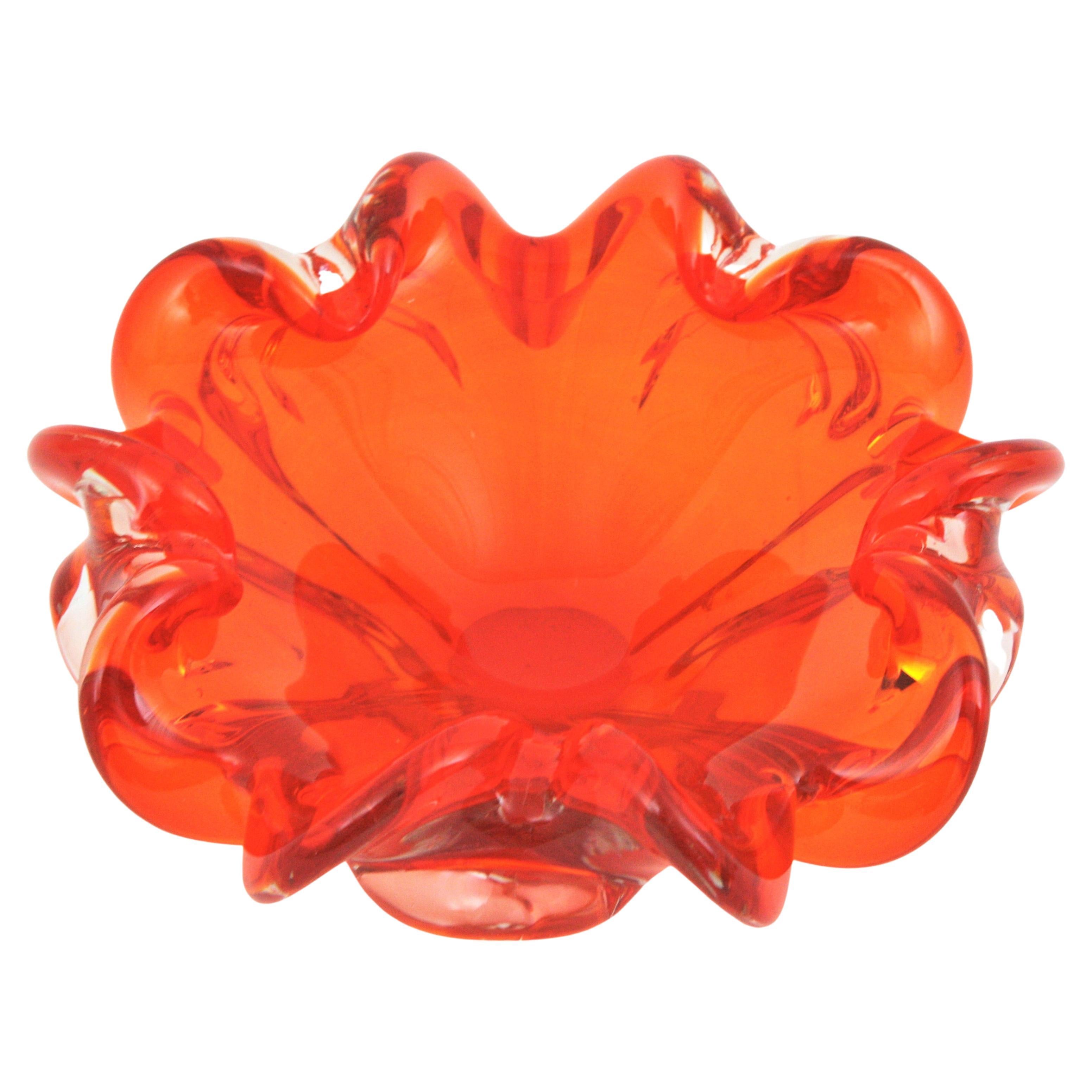 Mid-Century Modern Midcentury Italian Murano Sommerso Orange and Clear Art Glass Bowl / Ashtray For Sale