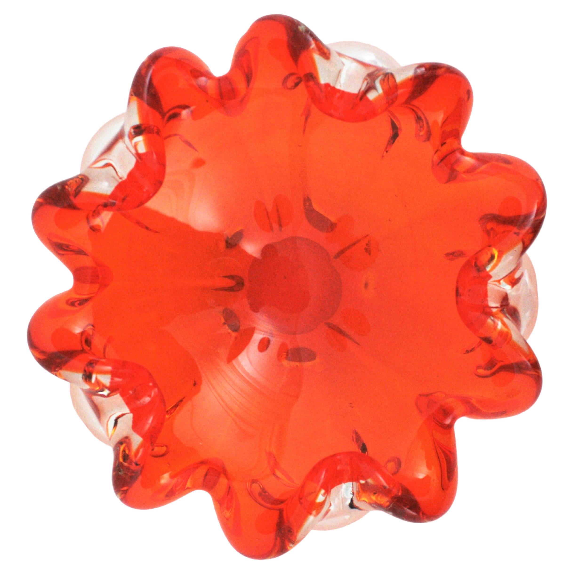Midcentury Italian Murano Sommerso Orange and Clear Art Glass Bowl / Ashtray