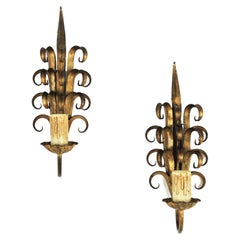 Pair of Wall Sconces in Eyelash Scroll Design in Gilt Iron, 1940s