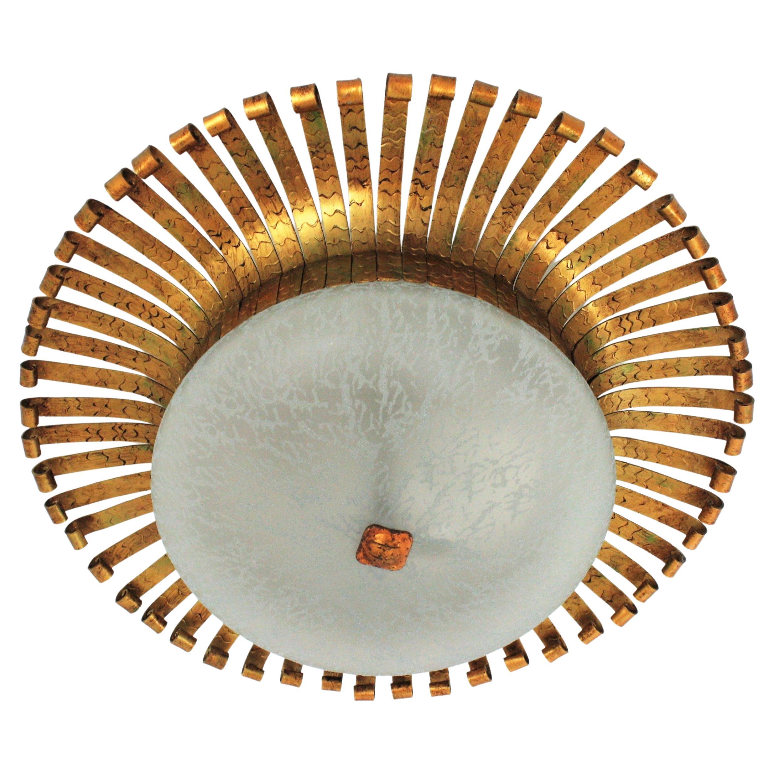 Spanish Sunburst Light Fixture in Wrought Gilt Iron and Frosted Glass Lampshade