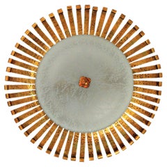 Spanish Sunburst Light Fixture in Wrought Gilt Iron and Frosted Glass Lampshade
