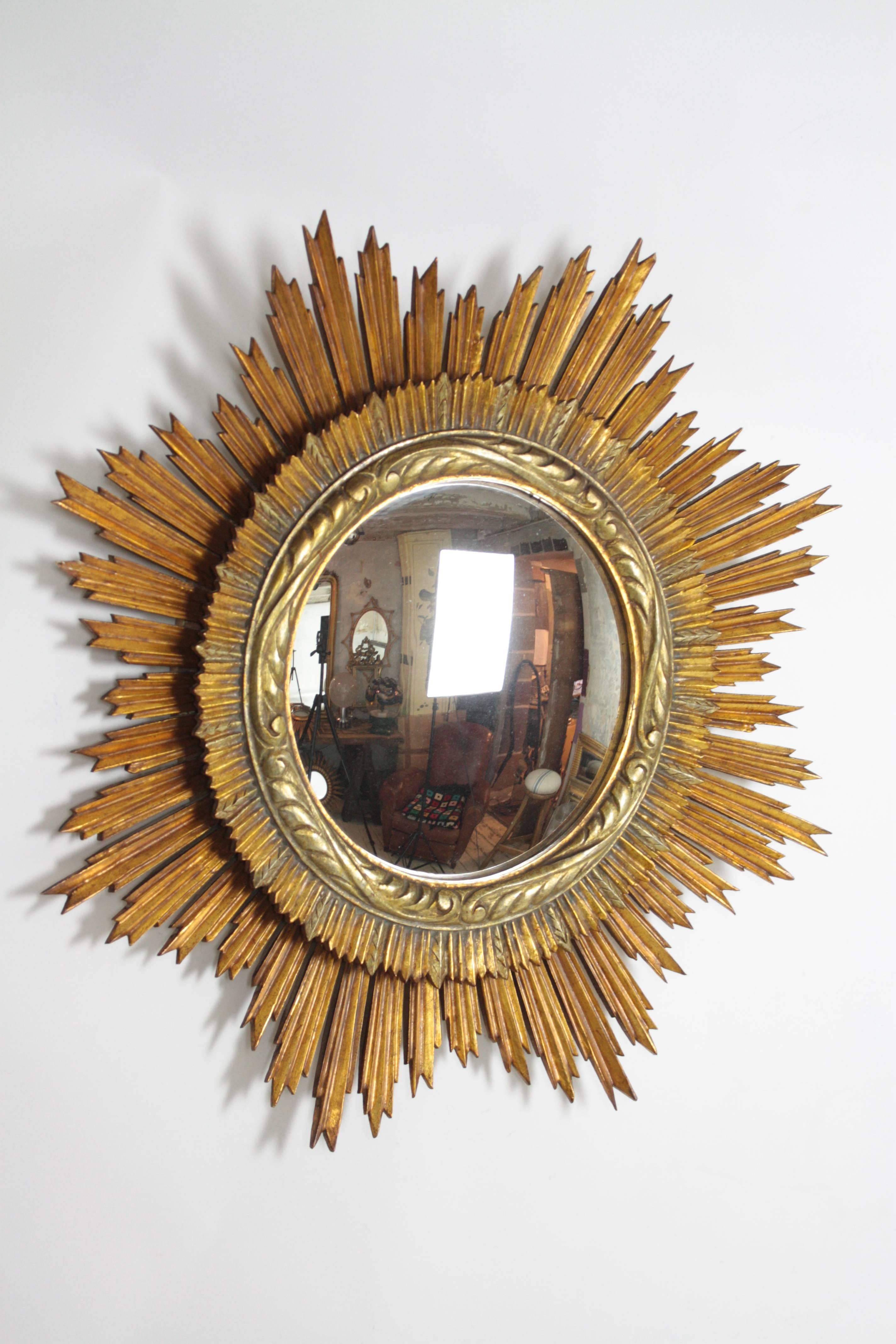 Carved Amazing Spanish Giltwood Sunburst Convex Mirror, circa 1890