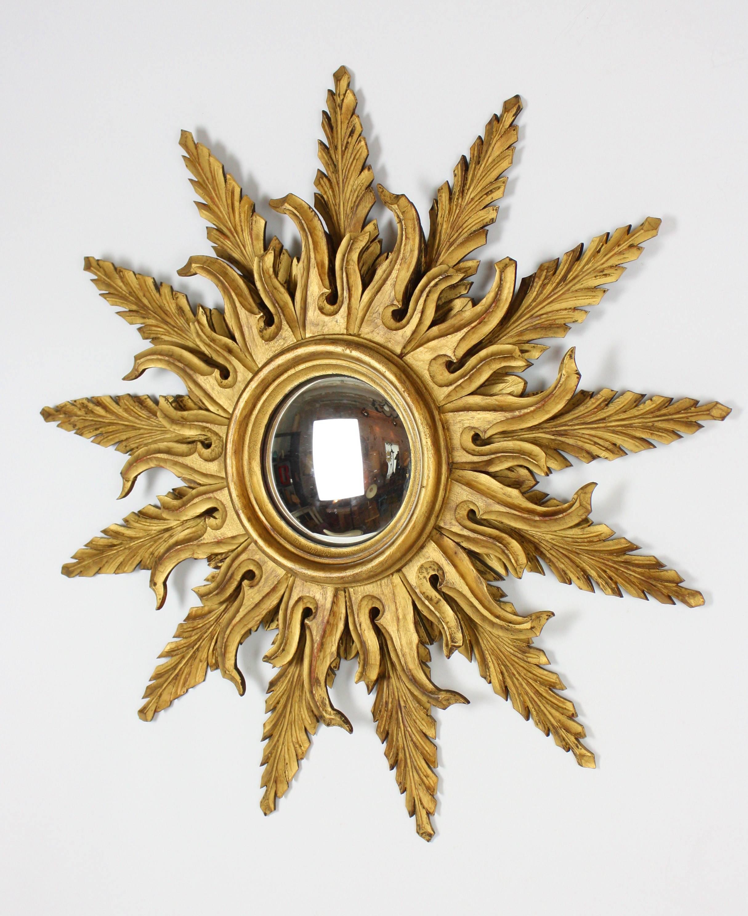Mid-Century Modern Mid-Century Giltwood Convex Sunburst Mirror, Spain c.1950