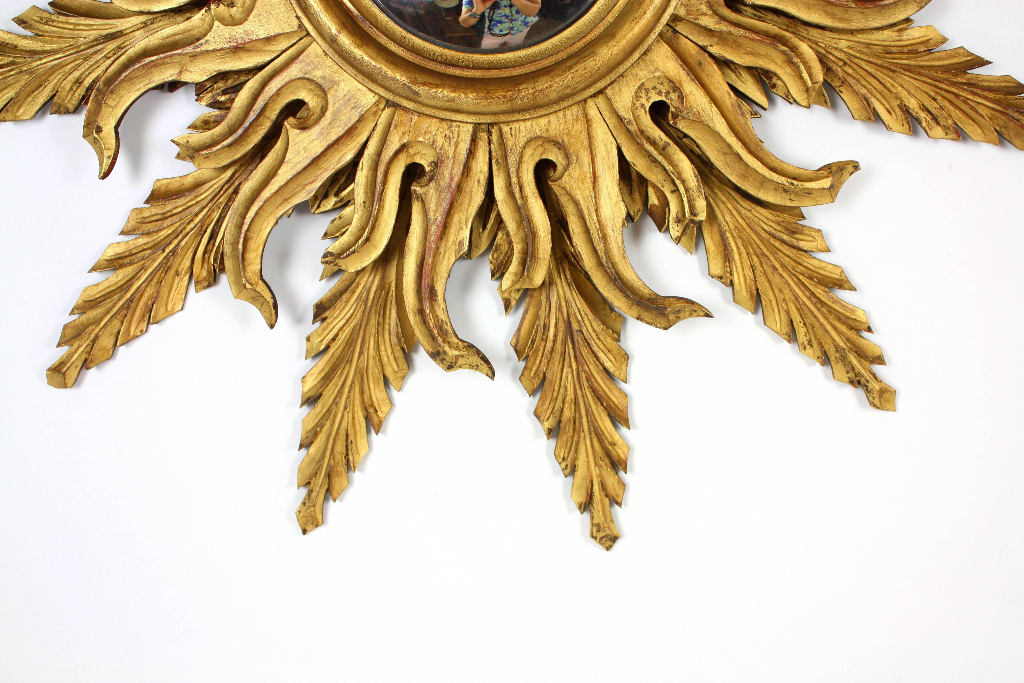 Carved Mid-Century Giltwood Convex Sunburst Mirror, Spain c.1950