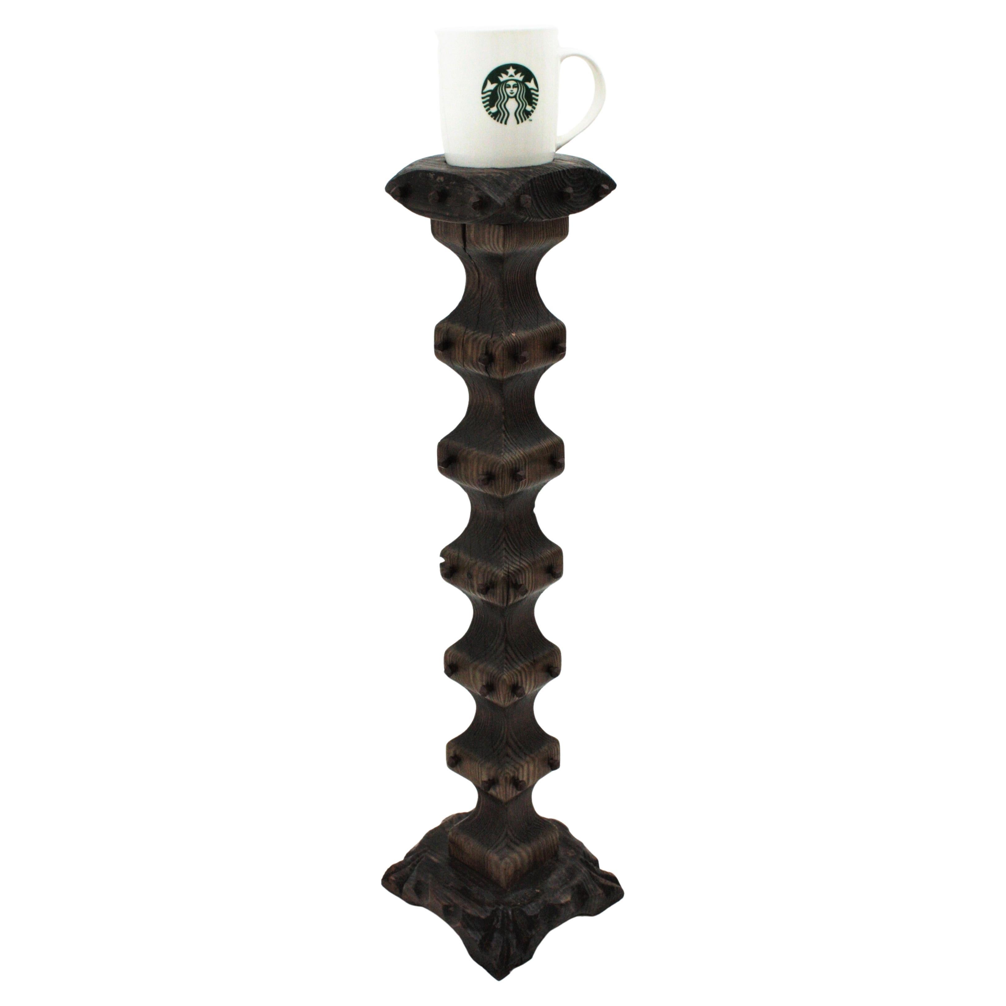 Spanish Colonial Carved Wood Torchere / Floor Candle Holder, 1940s