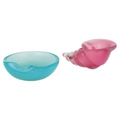 Pair of Archimede Seguso Murano Blue Pink Alabastro Glass Shell Bowls, 1950