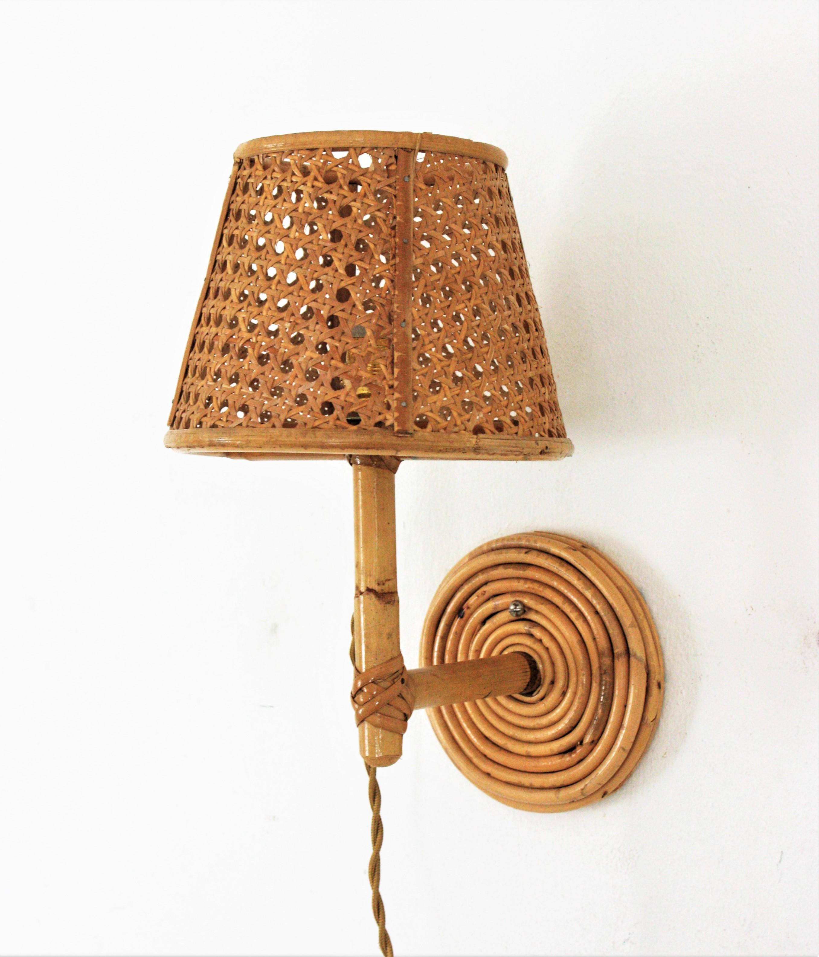 Pair of Italian Modern Woven Wicker Rattan and Bamboo Wall Lights with Shades 5