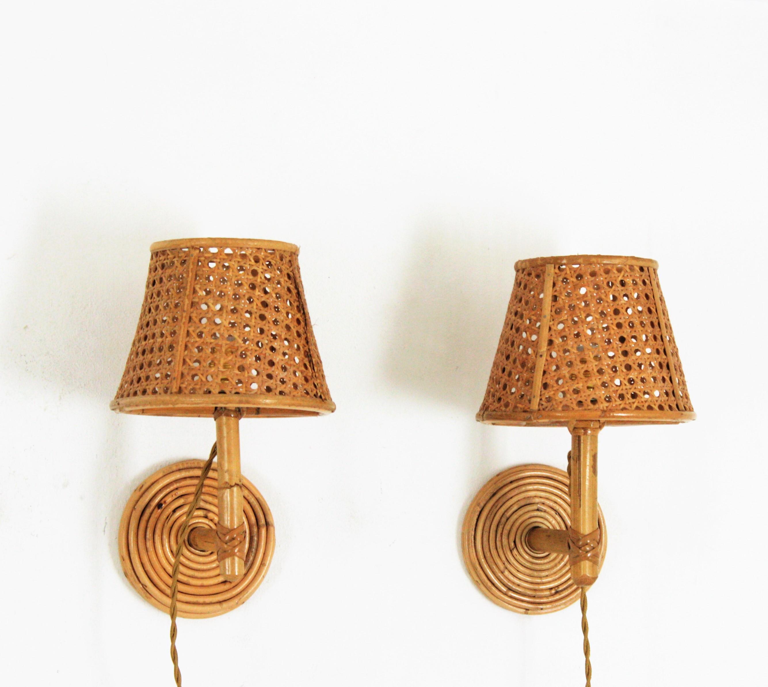 Mid-Century Modern Pair of Italian Modern Woven Wicker Rattan and Bamboo Wall Lights with Shades