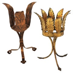 Unmatching Pair of Plant Stands or Jardinières in Gilt Wrought Iron, Spain 1950s