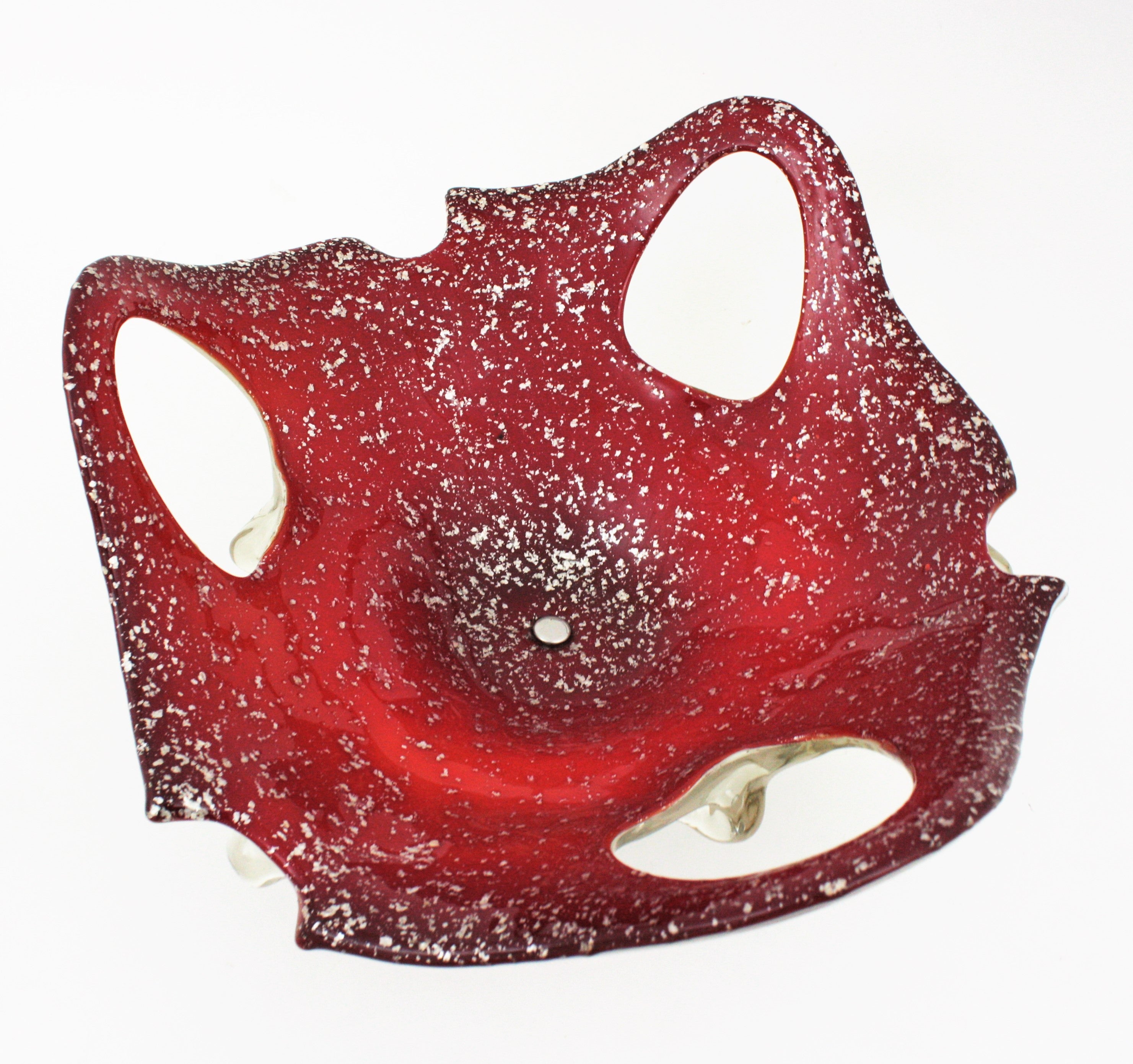 Hand-Crafted Italian Modernist Murano Red White Glass Centerpiece Vase with Silver Flecks For Sale