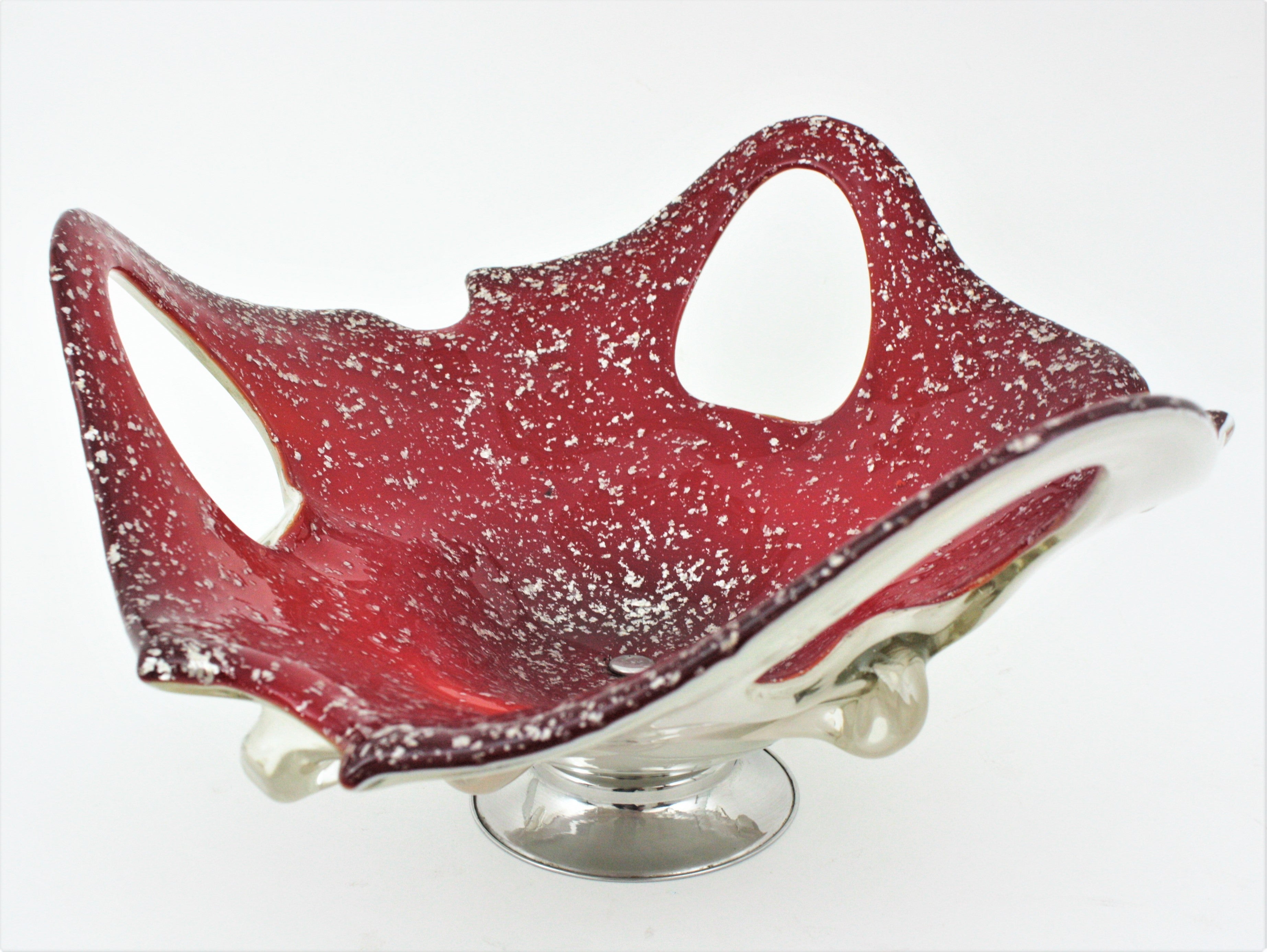 Mid-Century Modern Italian Modernist Murano Red White Glass Centerpiece Vase with Silver Flecks For Sale