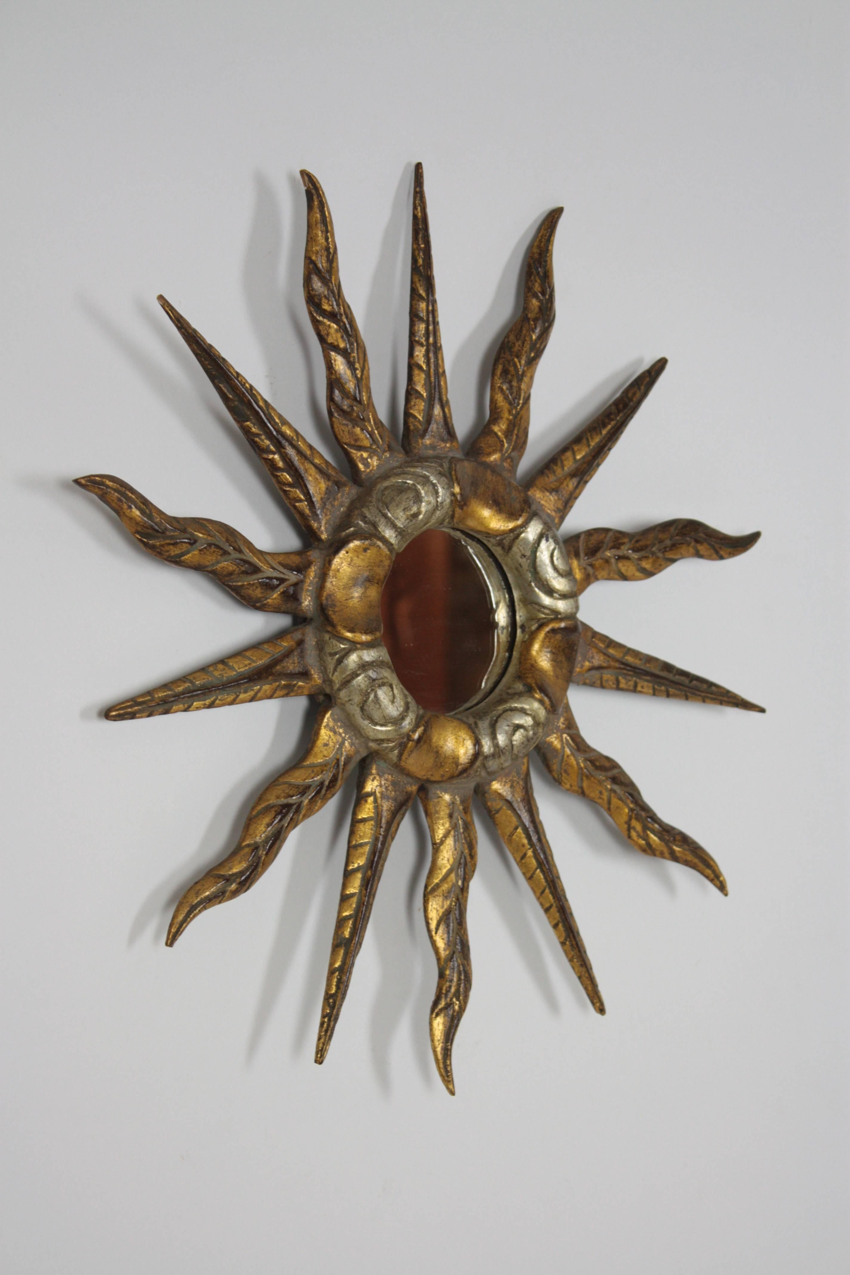 Baroque Unusual 19th Century Spanish Giltwood Mini Sunburst Mirror