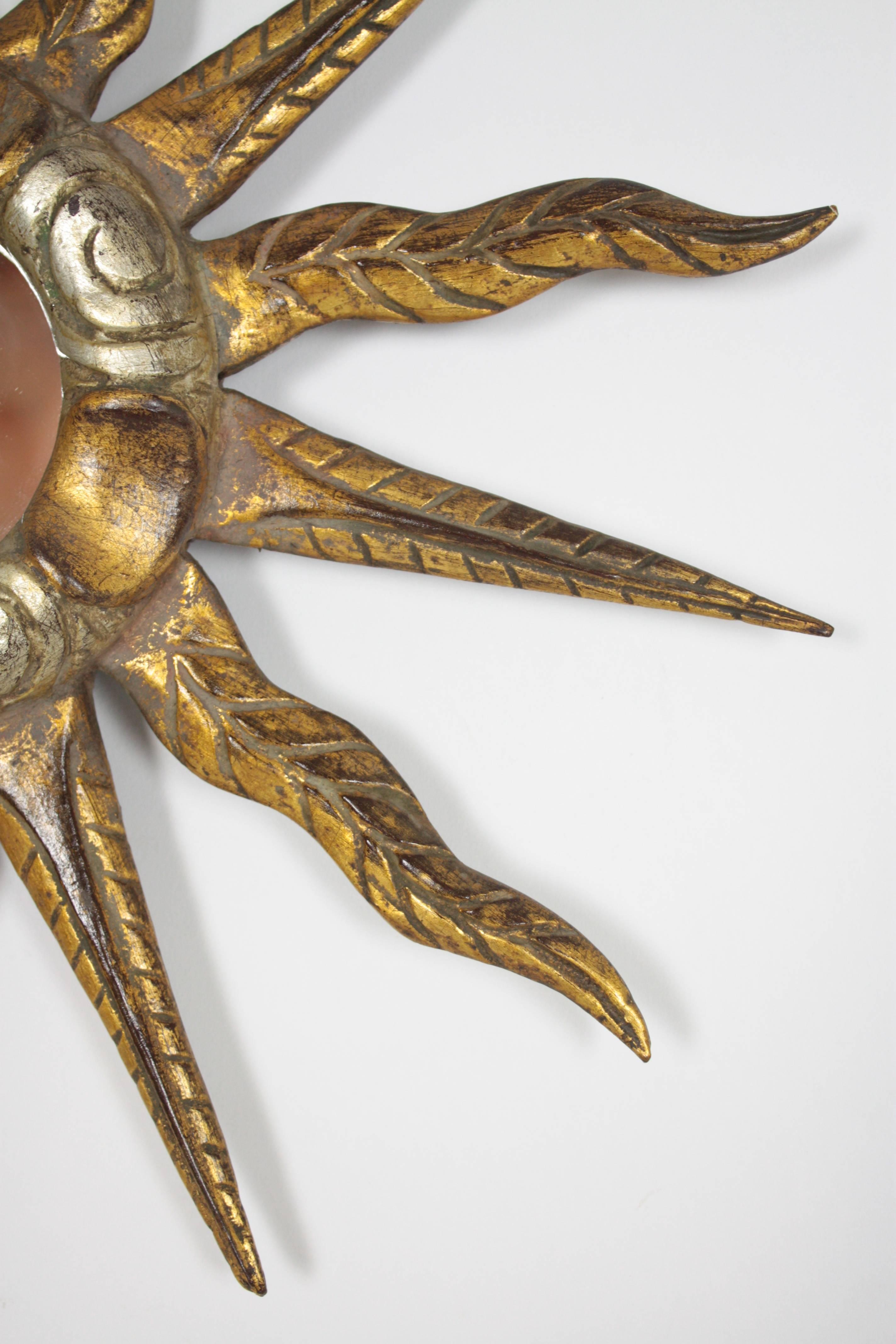 Carved Unusual 19th Century Spanish Giltwood Mini Sunburst Mirror
