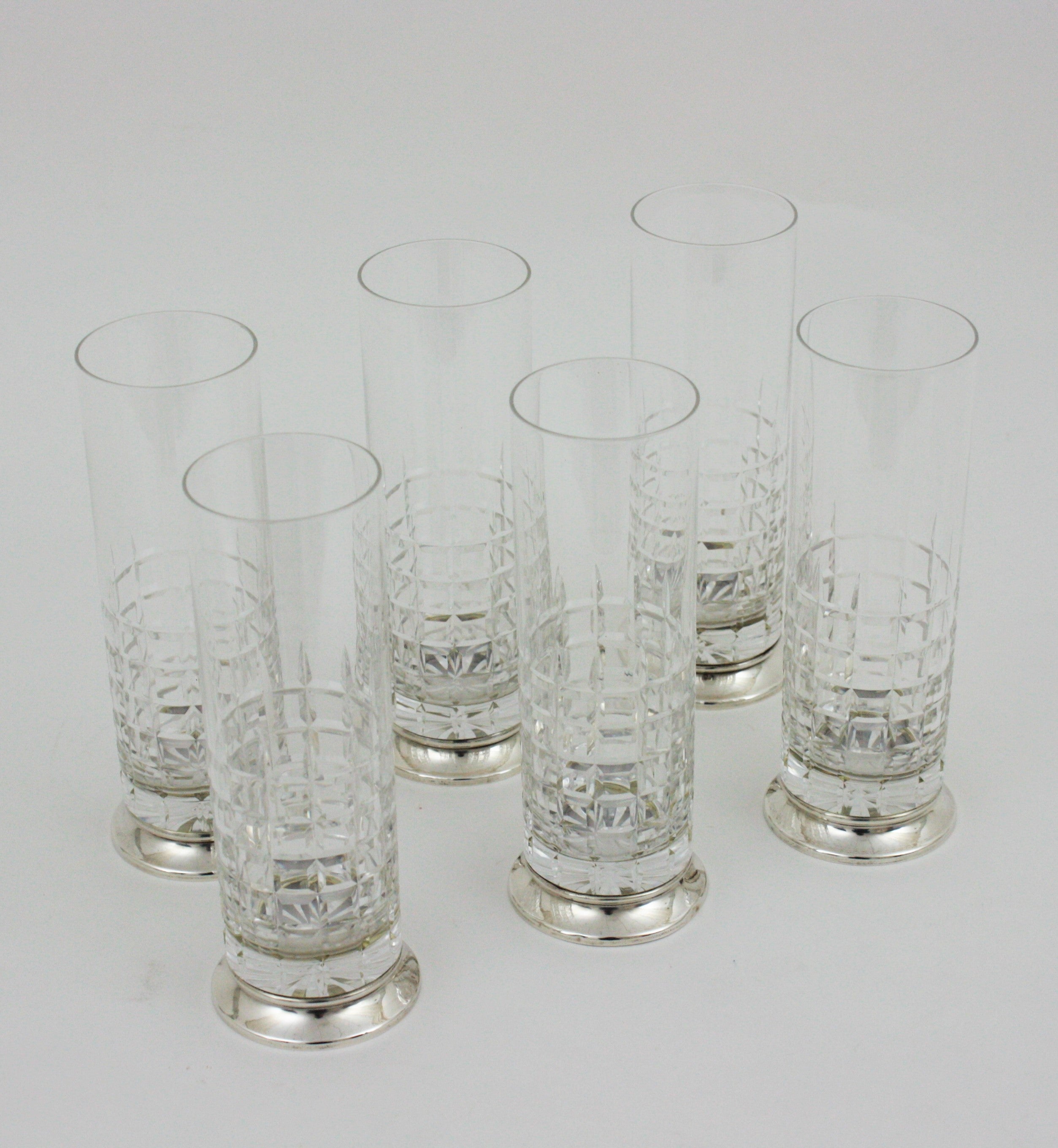 Art Deco Set of 6 Cut Crystal and Sterling Silver Highball Glasses For Sale