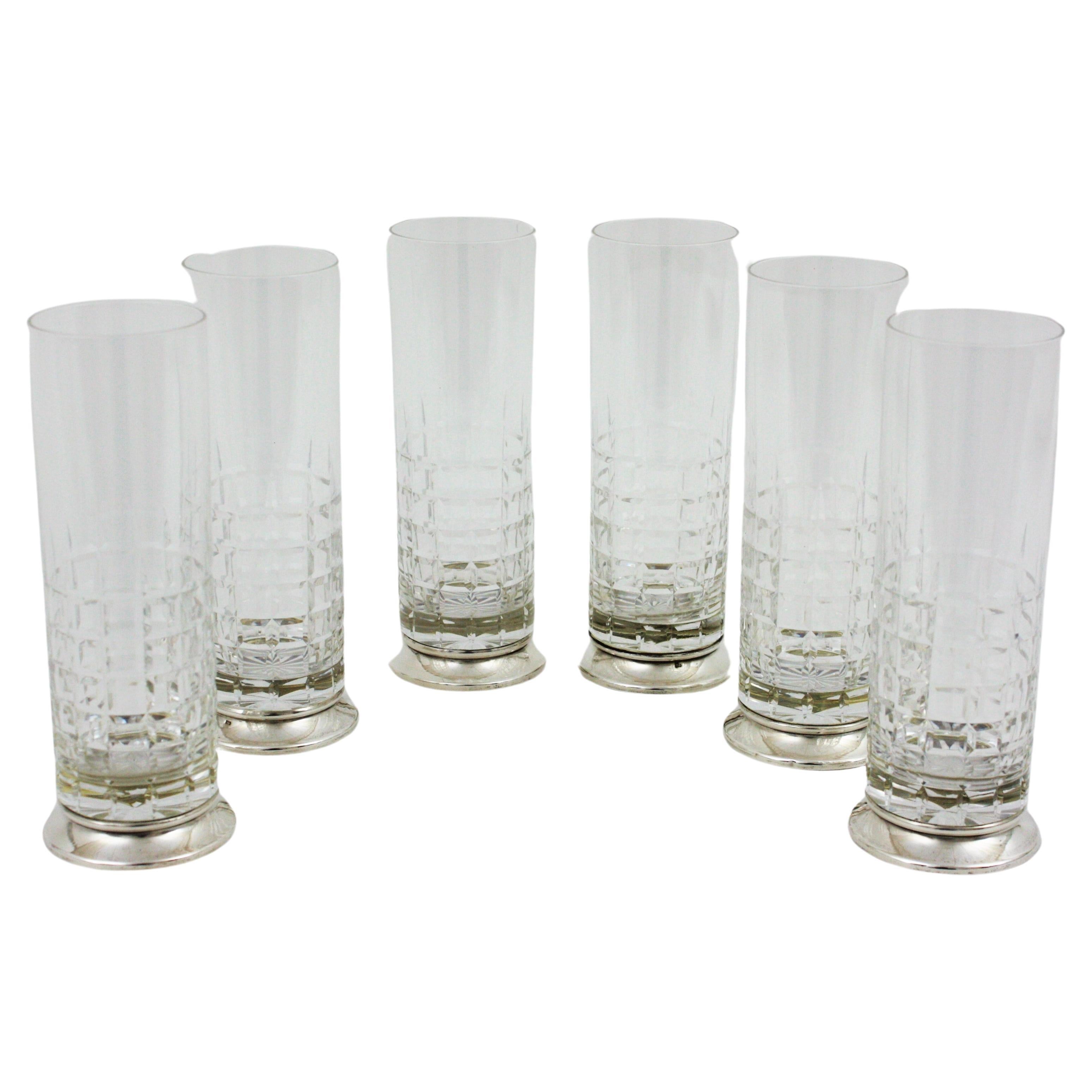 Set of 6 Cut Crystal and Sterling Silver Highball Glasses For Sale