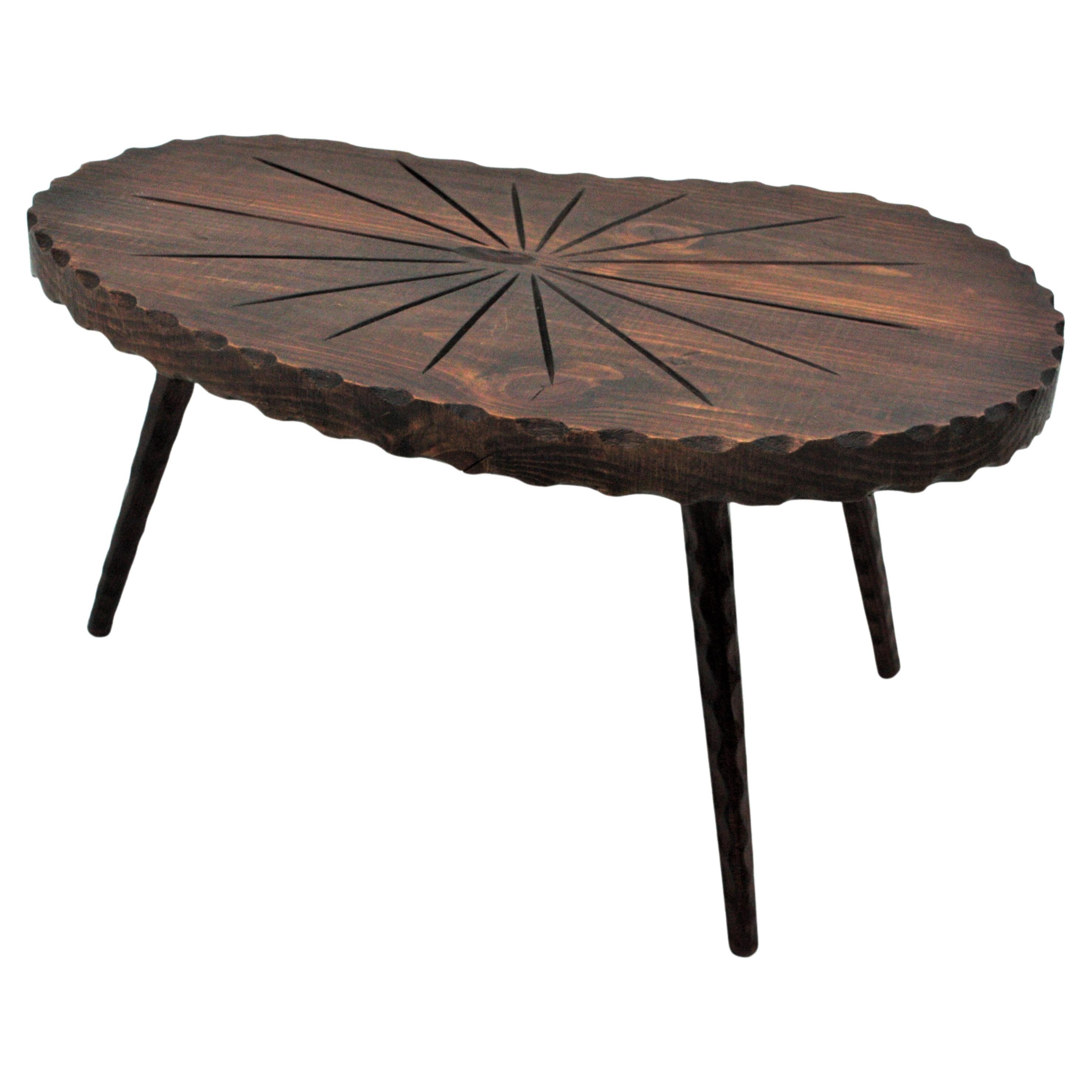 1950s Spanish Kidney Coffee Table in Carved Wood For Sale
