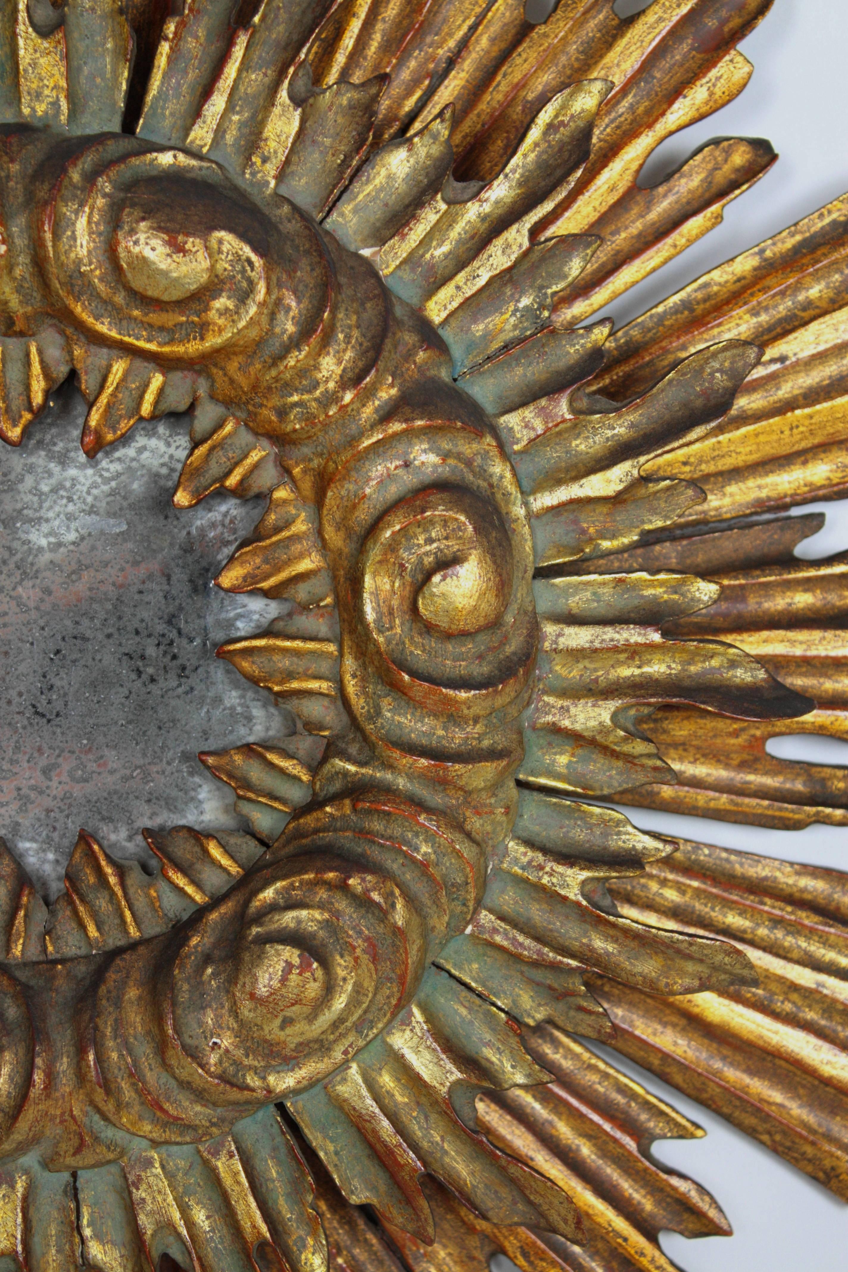 Gold Leaf Amazing 19th Century Spanish Giltwood Sunburst Mirror in Baroque Style