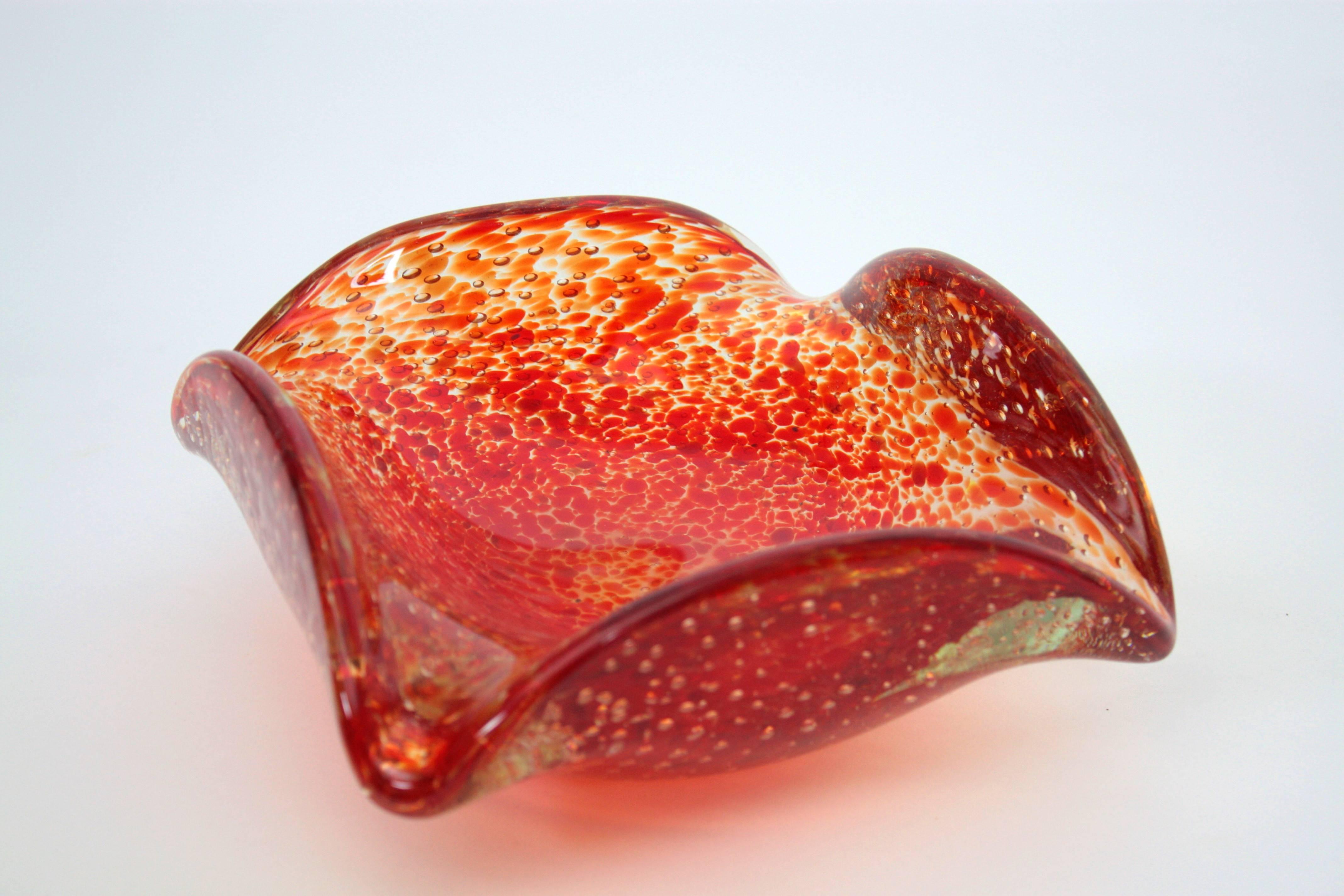 Mid-Century Modern Huge Controlled Bubbles Red and Orange Murano Glass Bowl