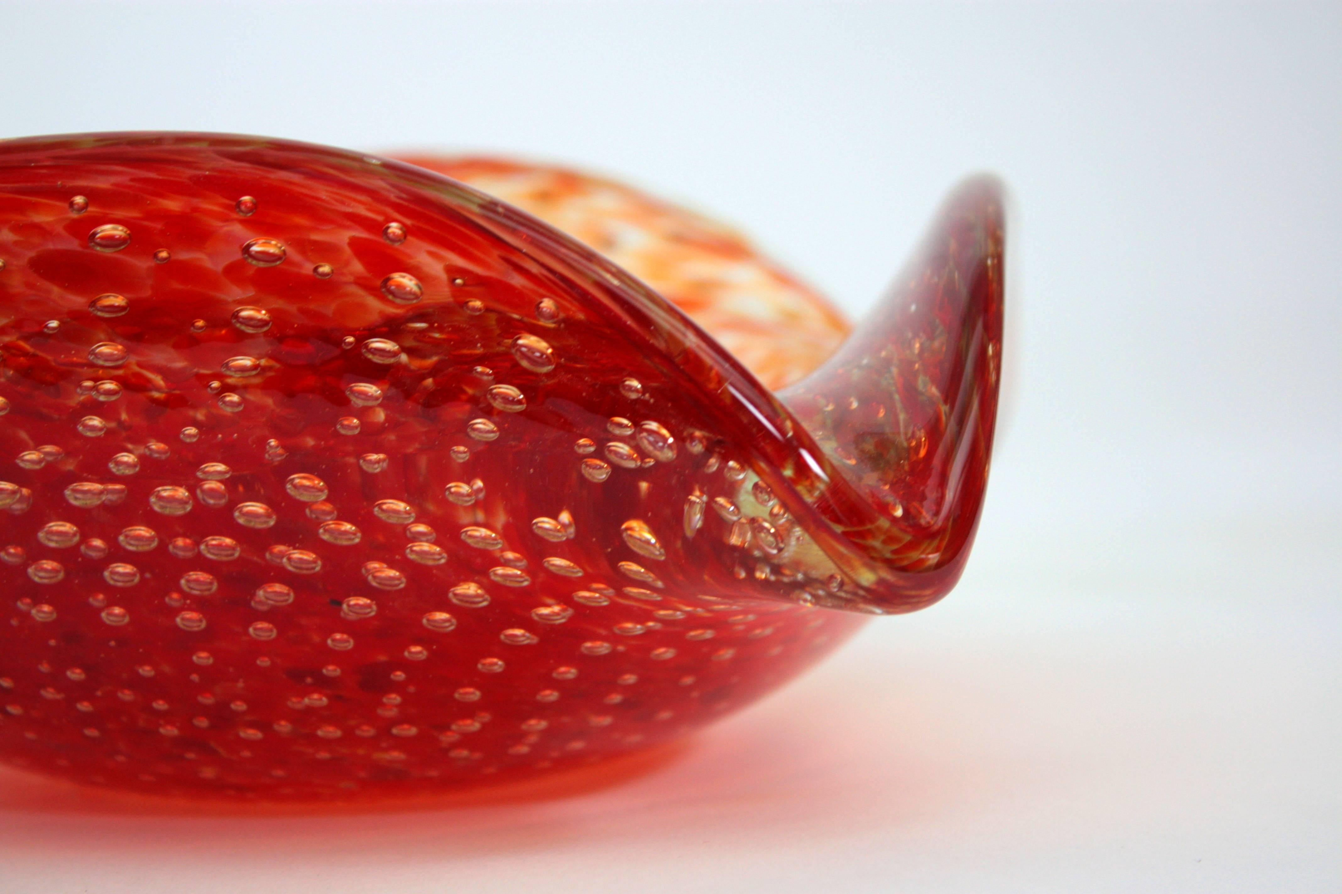 Italian Huge Controlled Bubbles Red and Orange Murano Glass Bowl