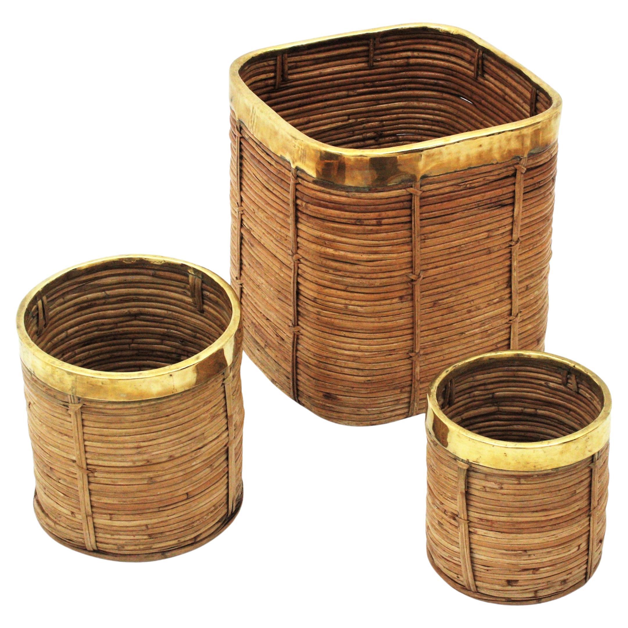 Three Rattan Bamboo Planters / Baskets with Brass Rim, Italy, 1970s