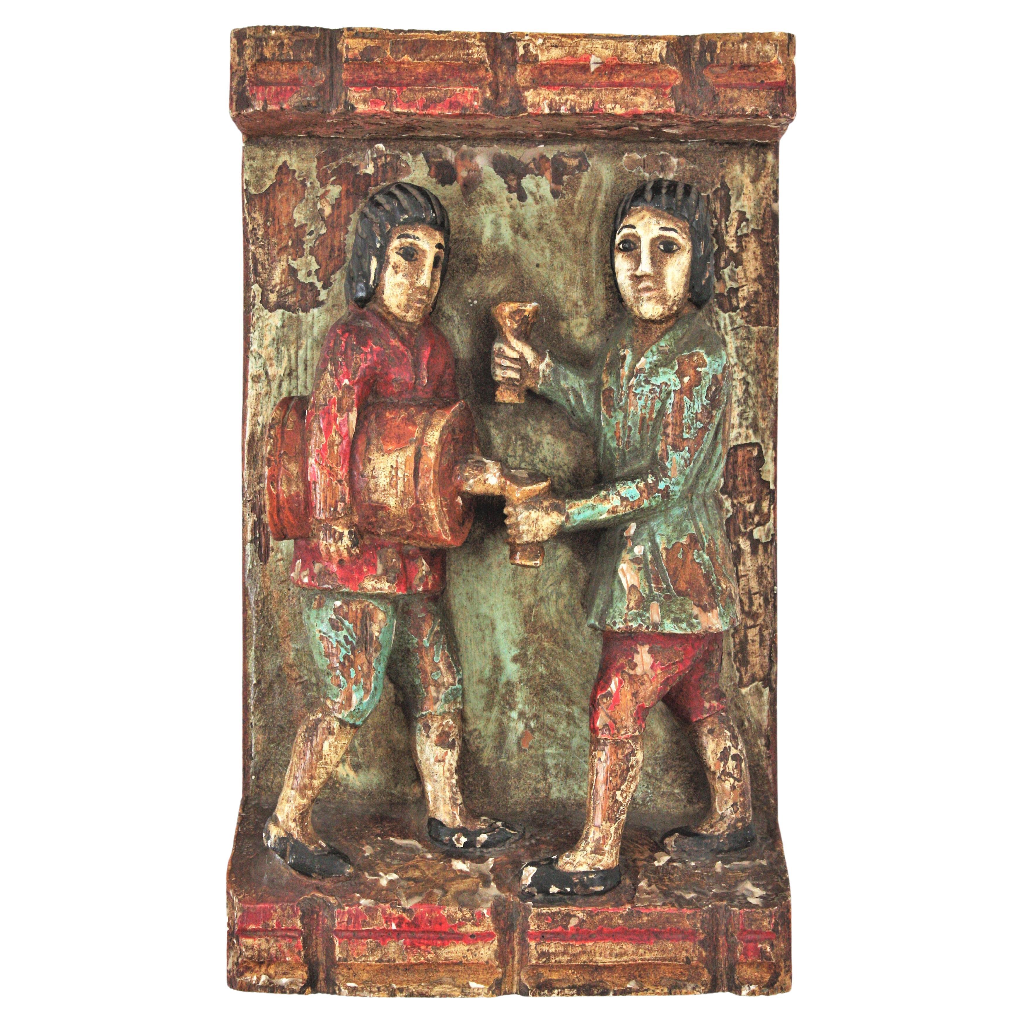 Medieval Style Bas Relief in Polychrome Carved Wood, Spain, 1950s For Sale