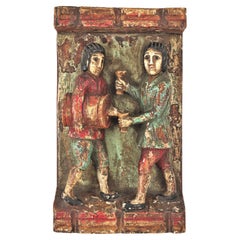 Medieval Style Bas Relief in Polychrome Carved Wood, Spain, 1950s