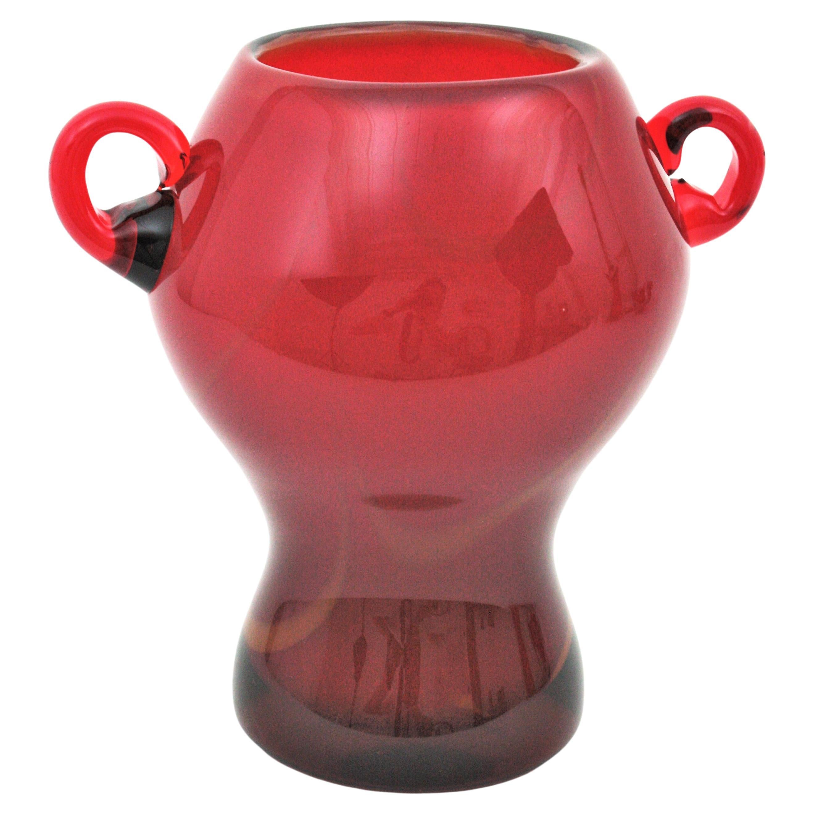 Archimede Seguso Red Toffee Art Glass Vase with Handles, Italy, 1950s