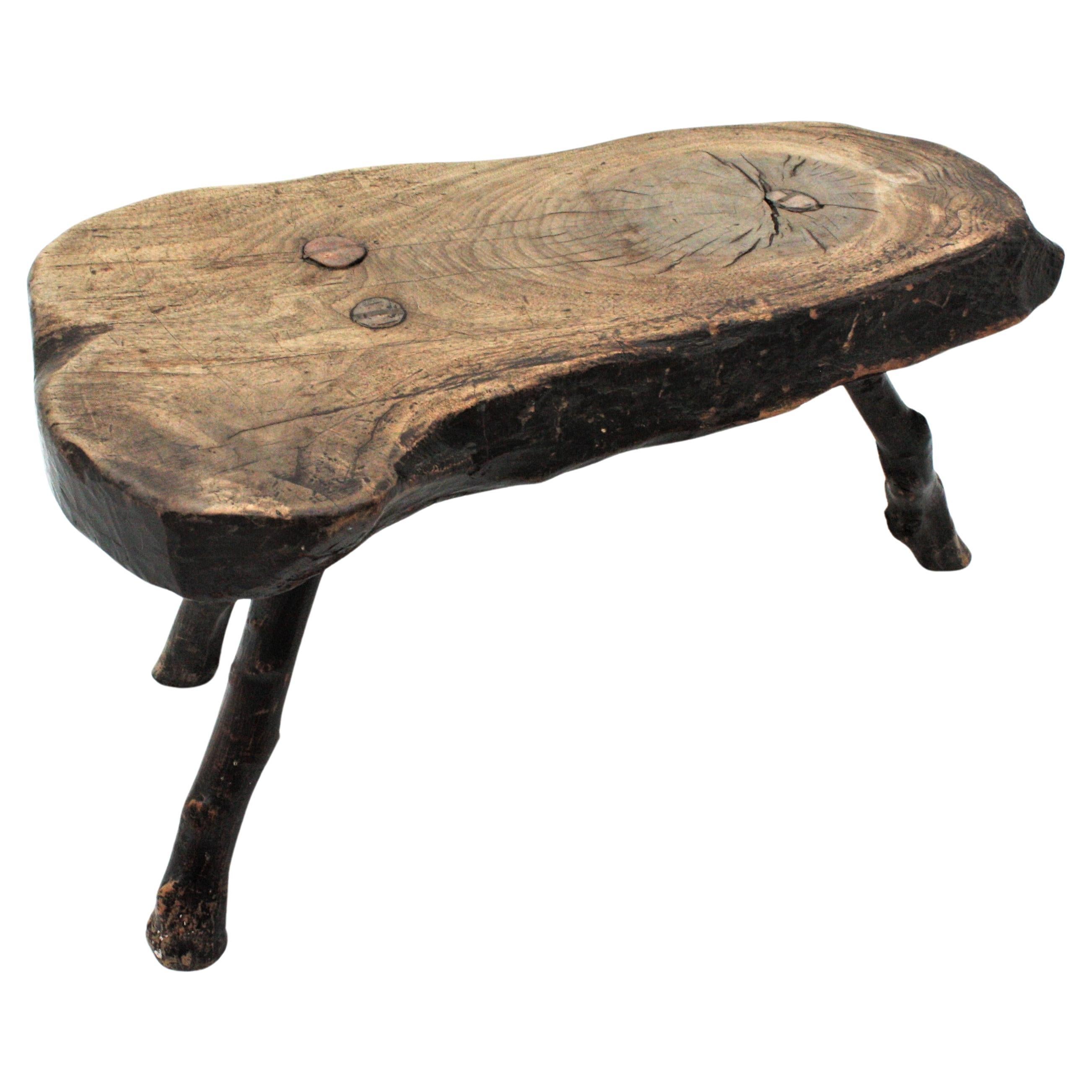 French Brutalist Wabi Sabi Rustic Tripod Side Table, 1950s For Sale