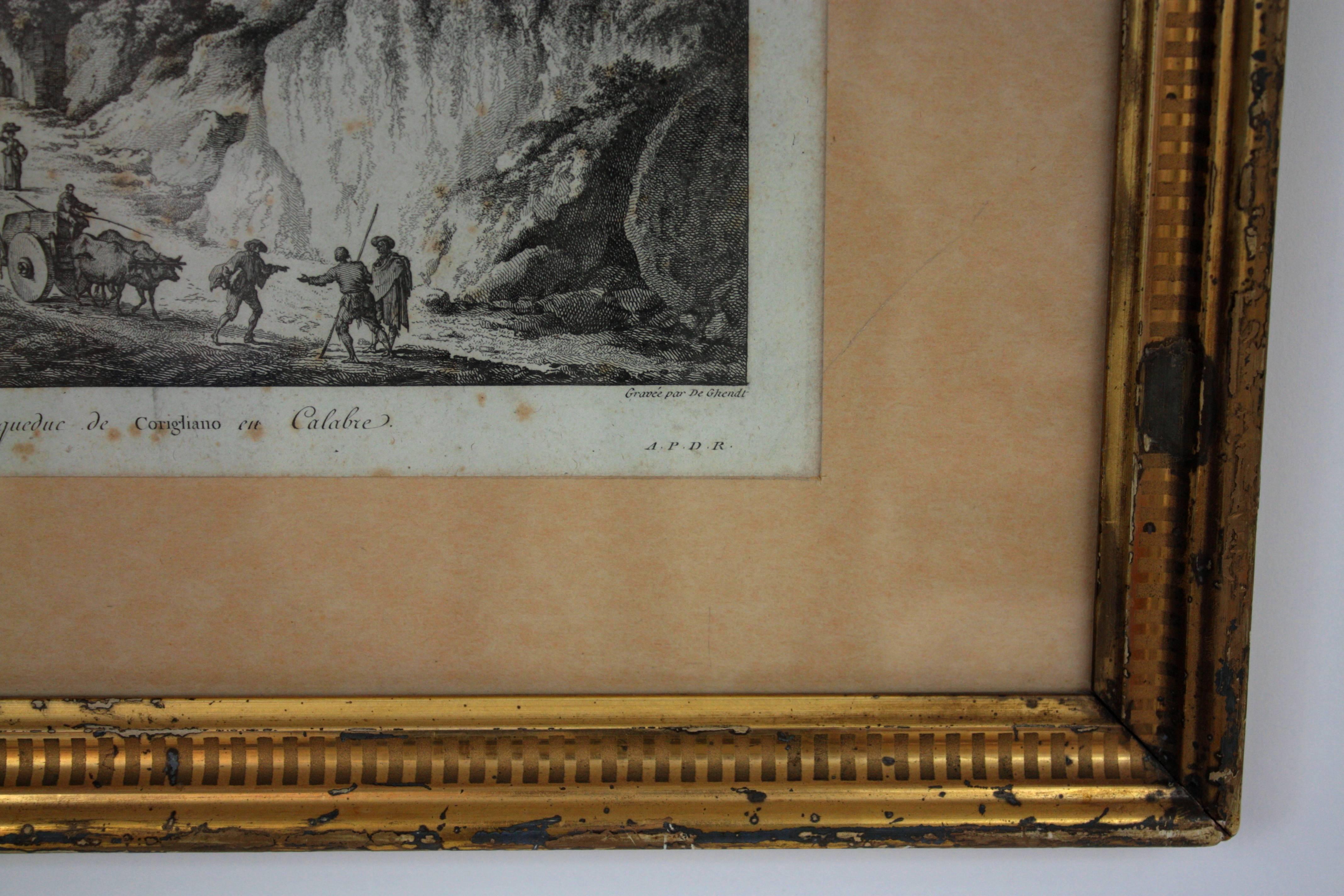 Neoclassical French Engraving of Italian Landscape View, Gold Gilt Frame For Sale
