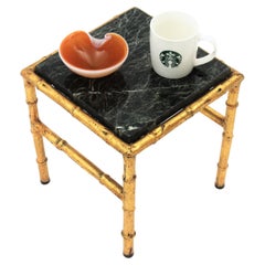 Faux Bamboo Side Table in Gilt Iron with Green Marble Top, 1940s