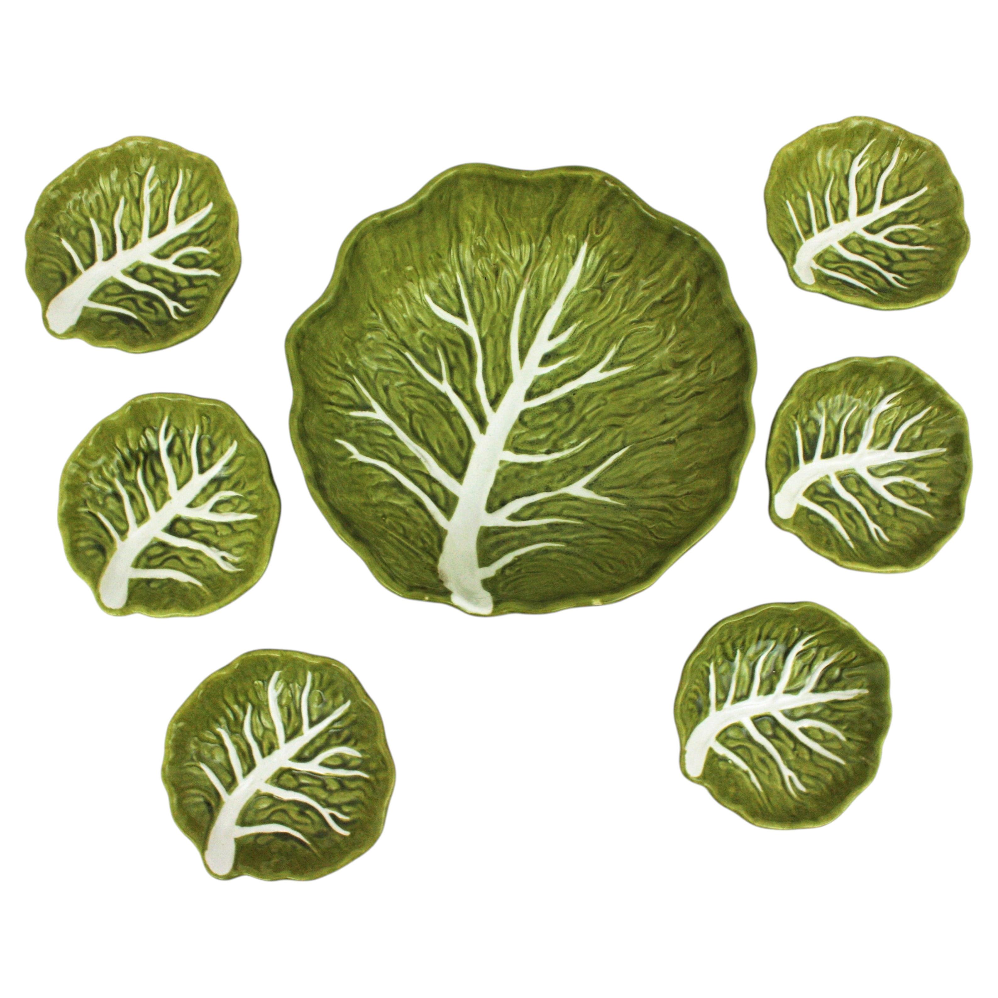 1960s Majolica Glazed Ceramic Cabbage Serving Set, Platter and Six Bowls
