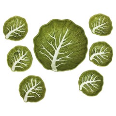 1960s Majolica Glazed Ceramic Cabbage Serving Set, Platter and Six Bowls