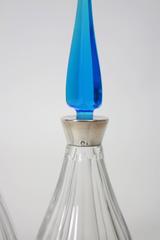 Pair of Art Deco French Crystal and Silver Decanters with Blue Stoppers