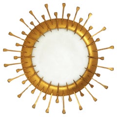 Sunburst Nail Design Light Fixture in Gilt Iron and Milk Glass, France 1940s