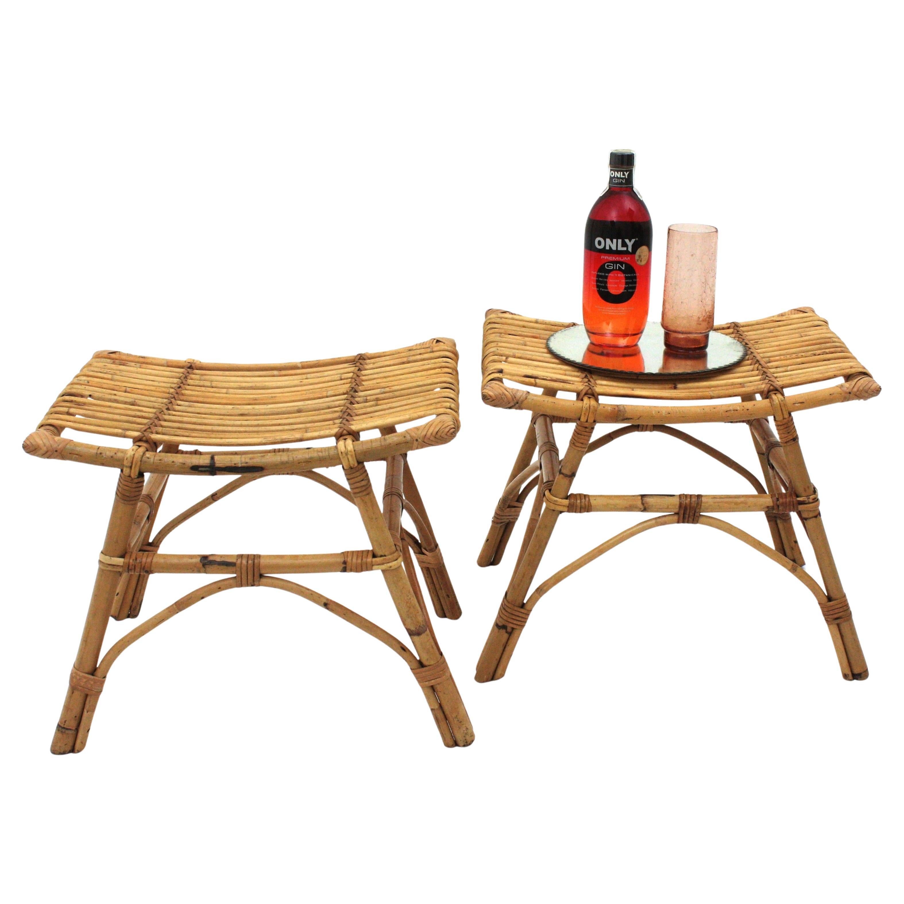 Pair of Spanish Bamboo Rattan Stools, Small Benches or Side Tables For Sale