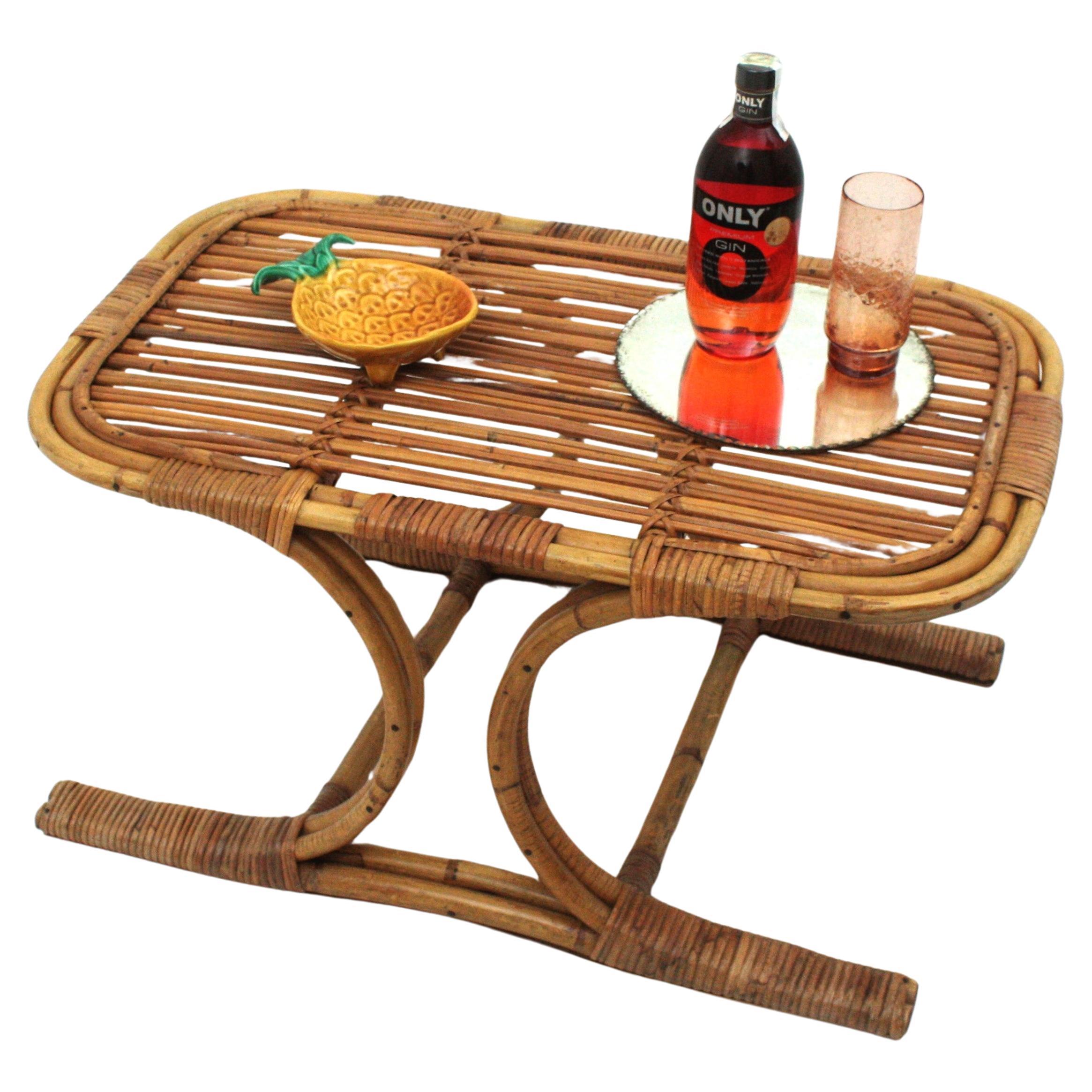 Rattan Bamboo Rectangular Coffee Table in the Style of Franco Albini For Sale