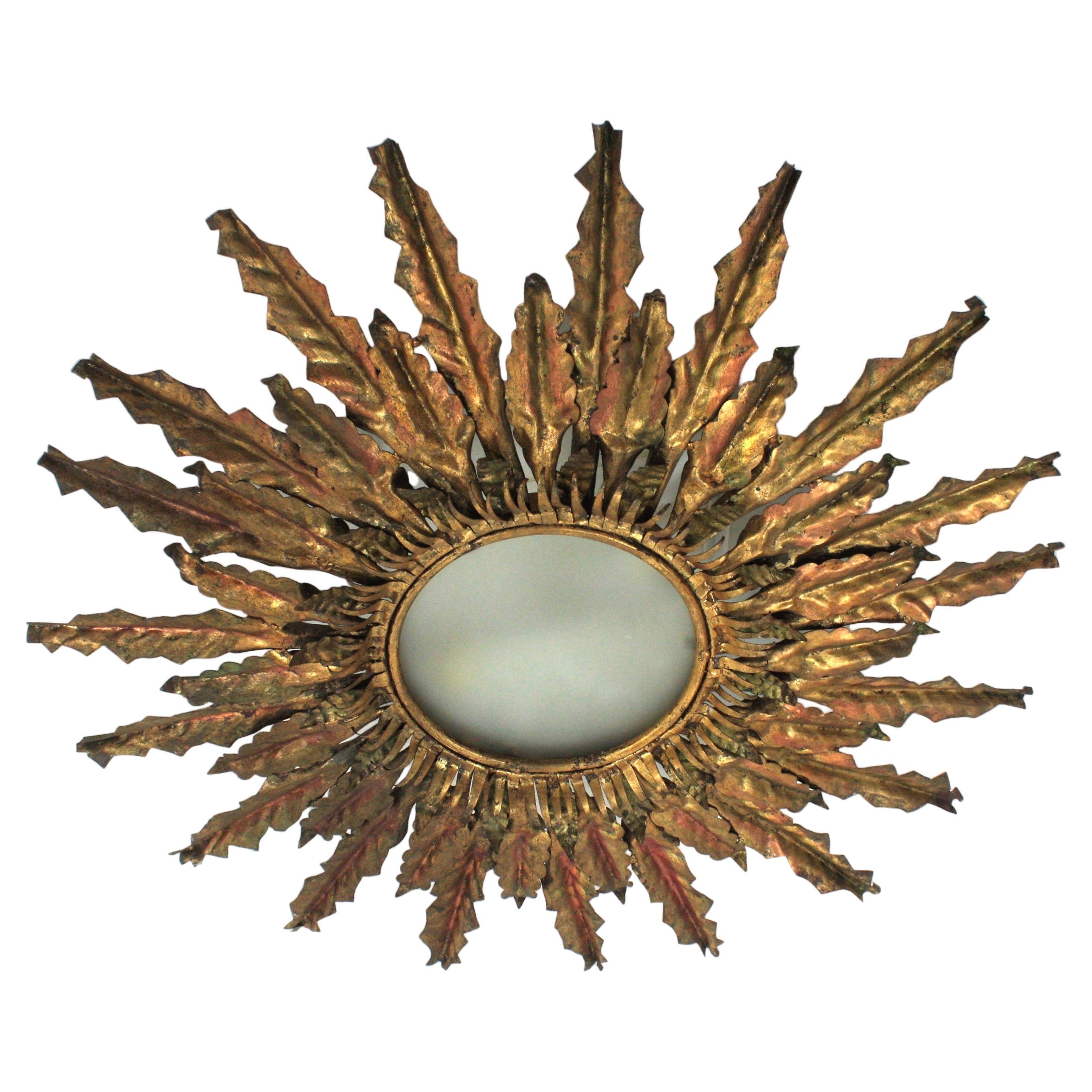 1940s Sunburst Leafed Flush Mount Light Fixture in Gilt Iron, XXL Size