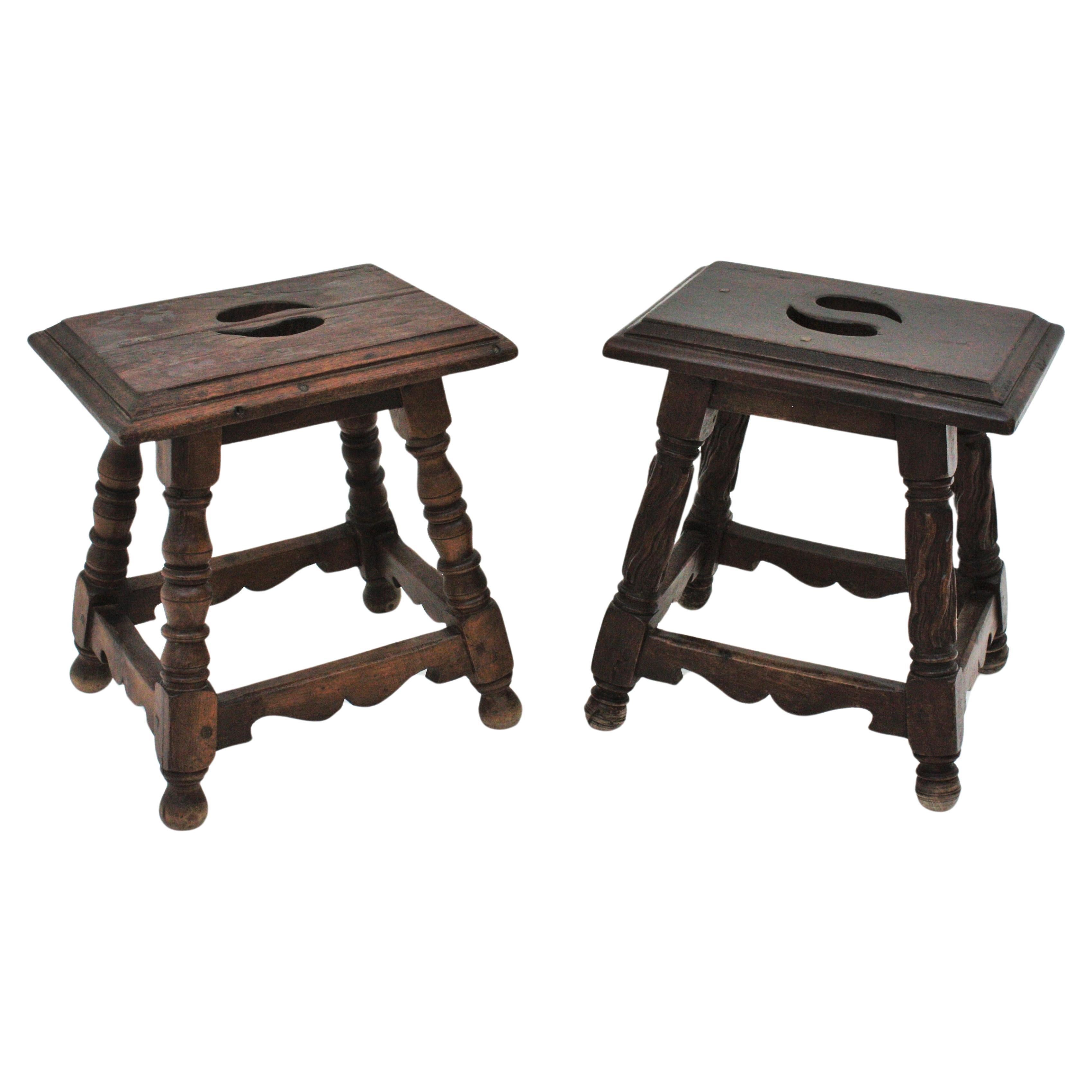 Pair of Spanish Colonial Side Tables / Stools in Carved Wood, 1940s For Sale