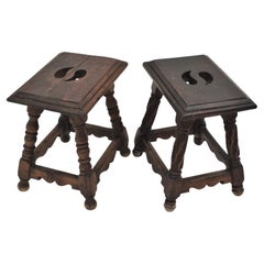 Pair of Spanish Colonial Side Tables / Stools in Carved Wood, 1940s