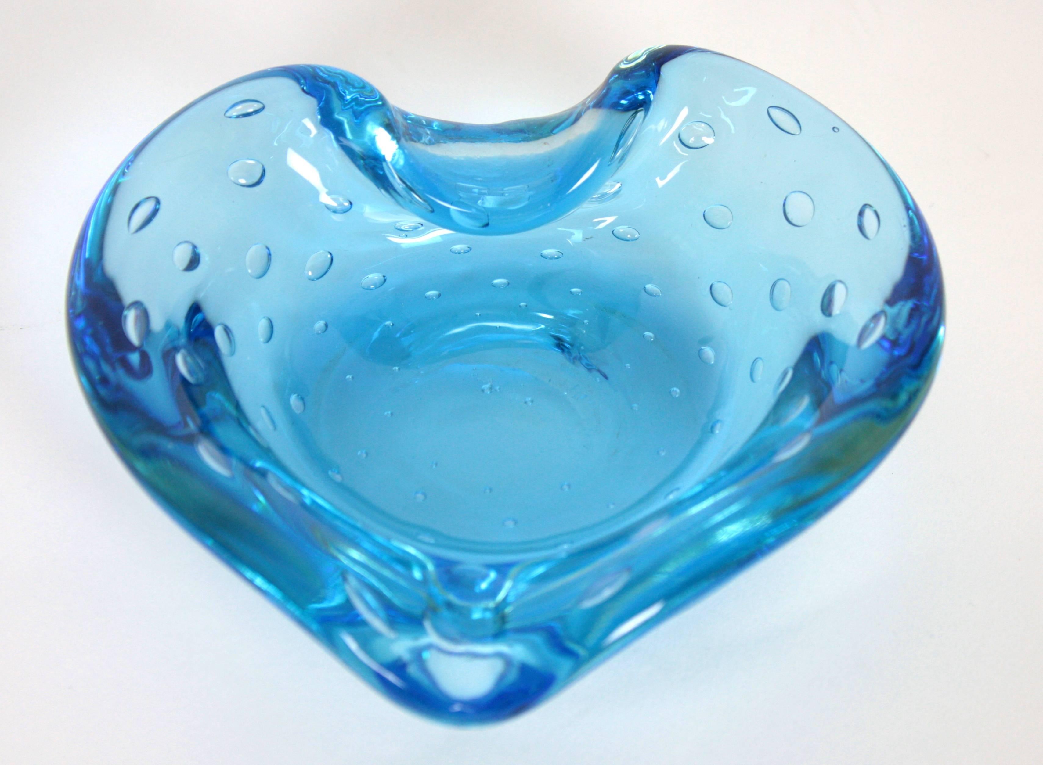 Italian Controlled Bubbles Translucid Sky Blue Murano Glass Heart Bowl or Ashtray